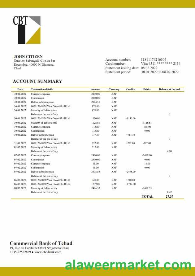 Chad Commercial Bank of Tchad bank statement